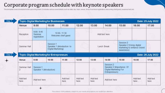 Types Of Corporate Communication Techniques Corporate Program Schedule With Keynote Speakers Topics PDF