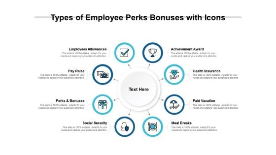 Types Of Employee Perks Bonuses With Icons Ppt PowerPoint Presentation Portfolio Graphics Pictures