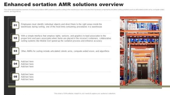 Types Of Independent Robotic System Enhanced Sortation AMR Solutions Overview Information PDF