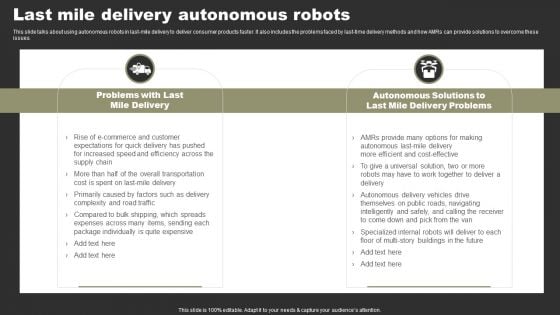 Types Of Independent Robotic System Last Mile Delivery Autonomous Robots Brochure PDF