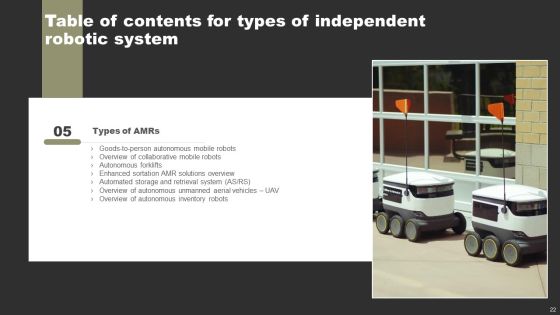 Types Of Independent Robotic System Ppt PowerPoint Presentation Complete Deck With Slides Slide22