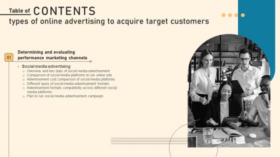 Types Of Online Advertising To Acquire Target Customers Table Of Contents Ppt PowerPoint Presentation File Styles PDF
