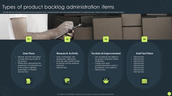 Types Of Product Backlog Administration Items Ppt Infographic Template Tips PDF Types Of Product Backlog Administration Items Ppt Infographic Template Tips PDF