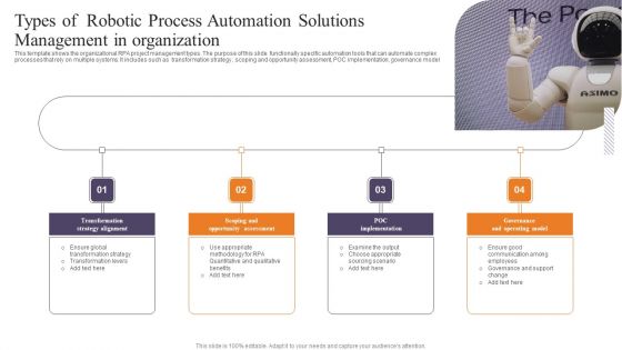 Types Of Robotic Process Automation Solutions Management In Organization Topics PDF