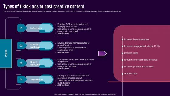 Types Of Tiktok Ads To Post Creative Content Brochure PDF