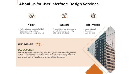 UI Software Design About Us For User Interface Design Services Ppt Infographics Template PDF