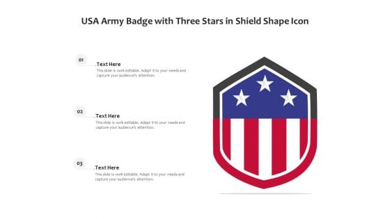 USA Army Badge With Three Stars In Shield Shape Icon Ppt PowerPoint Presentation File Graphics PDF