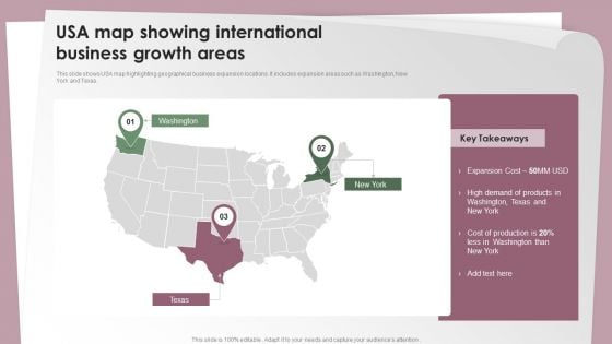 USA Map Showing International Business Growth Areas Ppt Infographics Graphics Template PDF