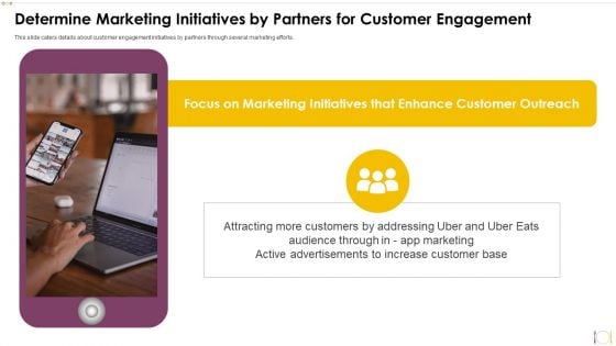 Uber Eats Investor Capital Funding Pitch Deck Determine Marketing Initiatives By Partners For Customer Engagement Portrait PDF