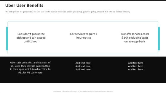 Uber User Benefits Uber Cab Elevator Funding Deck Ppt Styles Demonstration PDF