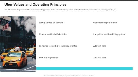 Uber Values And Operating Principles Uber Cab Elevator Funding Deck Ppt Pictures Portfolio PDF