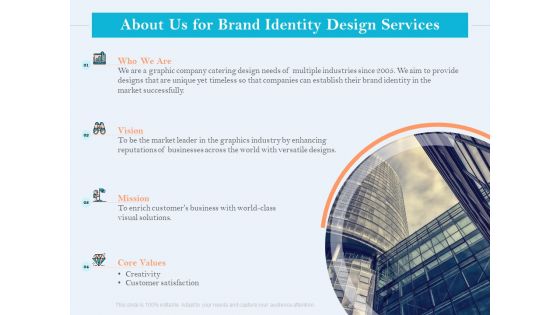 Ultimate Brand Creation Corporate Identity About Us For Brand Identity Design Services Ppt Infographics Layouts PDF