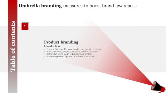 Umbrella Branding Measures To Boost Brand Awareness Table Of Contents Mockup PDF