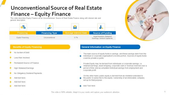 Unconventional Source Of Real Estate Finance Equity Finance Icons PDF