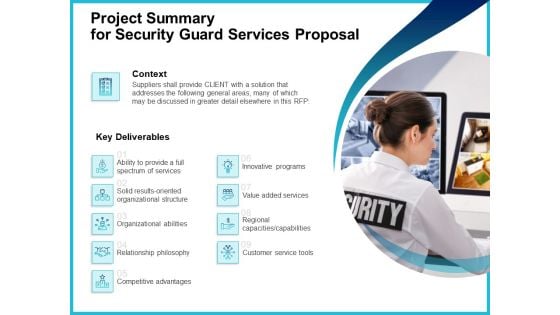 Uniformed Security Project Summary For Security Guard Services Proposal Slides PDF