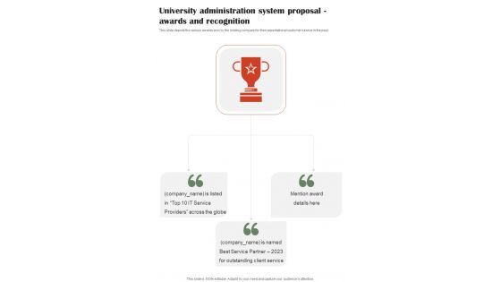 University Administration System Proposal Awards And Recognition One Pager Sample Example Document