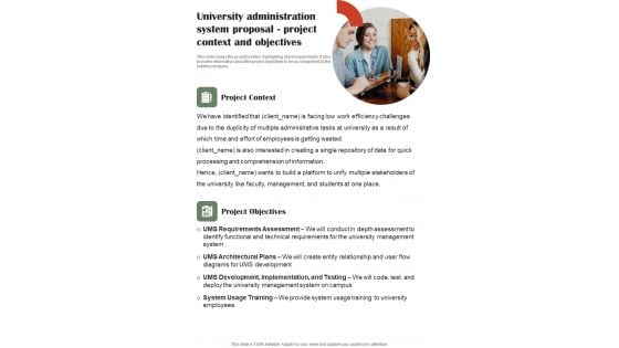 University Administration System Proposal Context And Objectives One Pager Sample Example Document