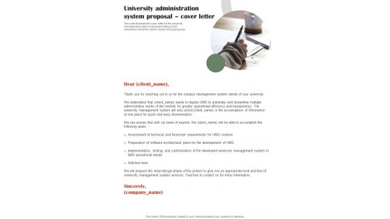 University Administration System Proposal Cover Letter One Pager Sample Example Document