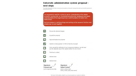 University Administration System Proposal Next Steps One Pager Sample Example Document