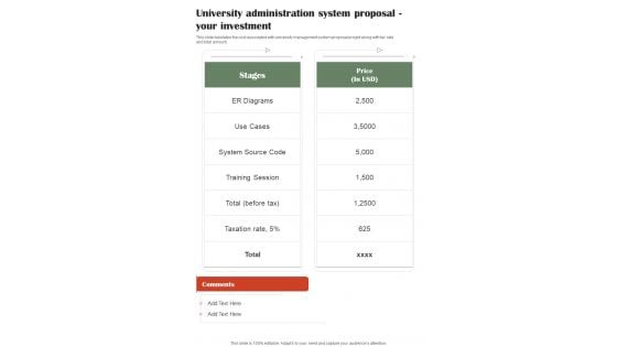 University Administration System Proposal Your Investment One Pager Sample Example Document