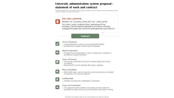 University Administration System Statement Of Work And Contract One Pager Sample Example Document