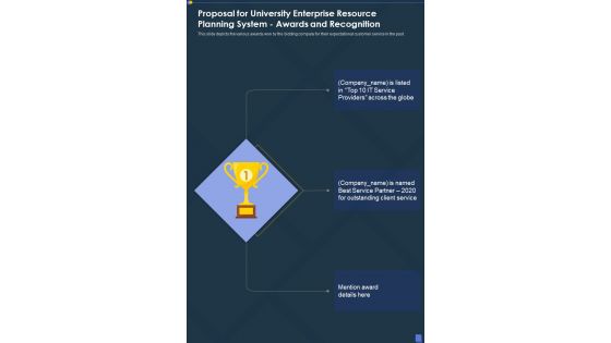University Enterprise Resource Planning System Awards And Recognition One Pager Sample Example Document