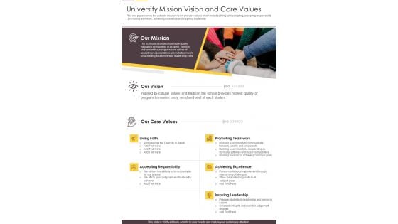 University Mission Vision And Core Values One Pager Documents
