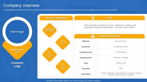 Unschool Platform Business Profile Company Overview Icons PDF