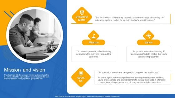 Unschool Platform Business Profile Mission And Vision Template PDF