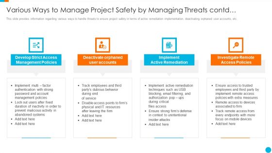 Upgrading Total Project Safety IT Various Ways To Manage Project Safety By Managing Threats Contd Mockup PDF