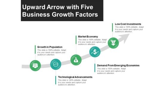 Upward Arrow With Five Business Growth Factors Ppt PowerPoint Presentation Gallery Templates