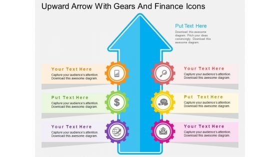 Upward Arrow With Gears And Finance Icons Powerpoint Template