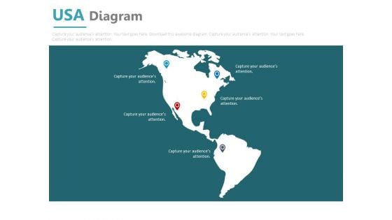 Usa Map With Various Location Pointers Powerpoint Slides