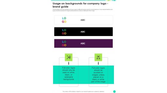 Usage On Backgrounds For Company Logo Brand Guide One Pager Sample Example Document