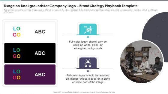 Usage On Backgrounds For Company Logo Brand Strategy Playbook Template Icons PDF