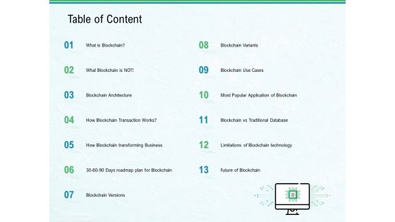 Use Case Of Blockchain Architecture Development Table Of Content Ppt Layouts Outline PDF