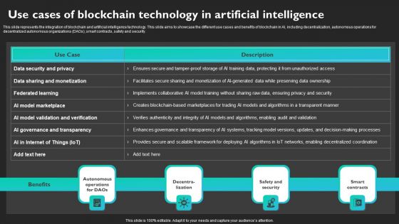 Use Cases Of Blockchain Technology In Artificial Intelligence Brochure PDF