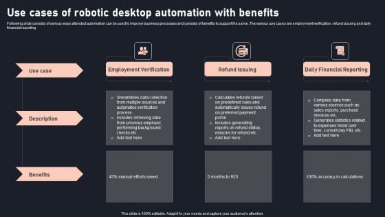 Use Cases Of Robotic Desktop Automation With Benefits Topics PDF