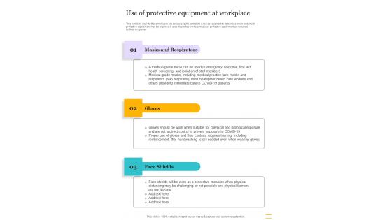 Use Of Protective Equipment At Workplace Post COVID Business Strategy Framework One Pager Sample Example Document