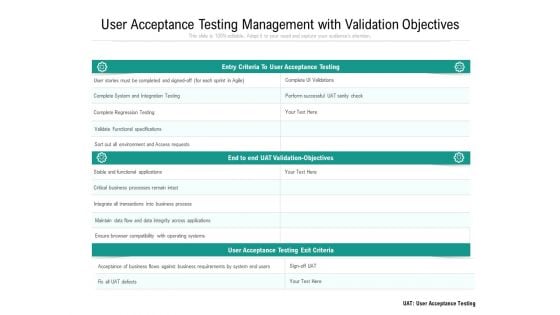 User Acceptance Testing Management With Validation Objectives Ppt PowerPoint Presentation File Inspiration PDF