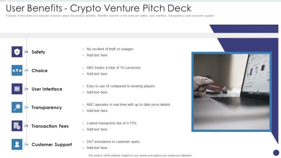 User Benefits Crypto Venture Pitch Deck Ppt Portfolio Guidelines PDF