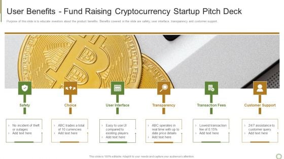 User Benefits Fund Raising Cryptocurrency Startup Pitch Deck Designs PDF