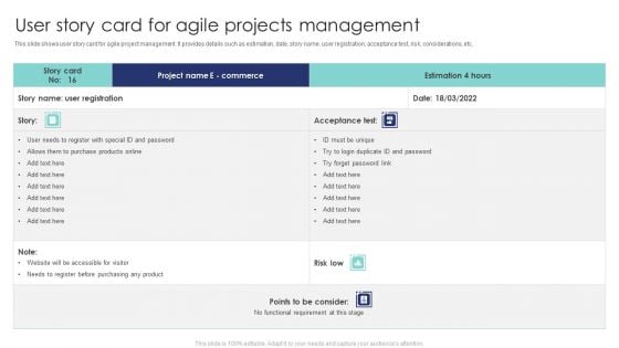 User Story Card For Agile Projects Management Clipart PDF