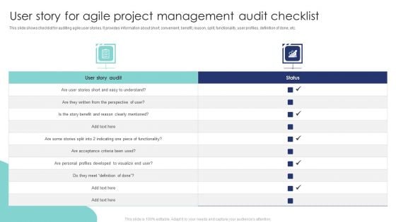 User Story For Agile Project Management Audit Checklist Icons PDF