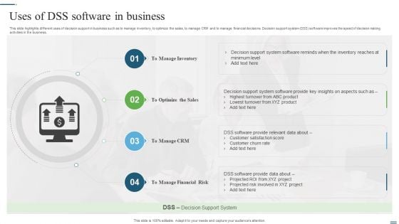 Uses Of DSS Software In Business Ppt PowerPoint Presentation File Clipart PDF