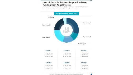 Uses Of Funds For Business Proposal To Raise Funding From Angel Investor One Pager Sample Example Document