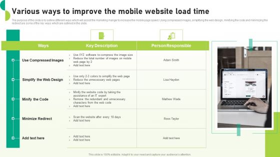 Utilizing SEO To Boost Customer Various Ways To Improve The Mobile Website Load Time Diagrams PDF