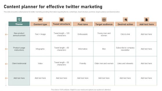 Utilizing Twitter For Social Media Content Planner For Effective Twitter Marketing Themes PDF