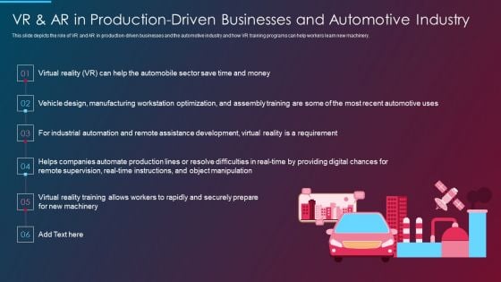 VR And AR IT VR And AR In Production Driven Businesses And Automotive Industry Ppt Gallery Styles PDF