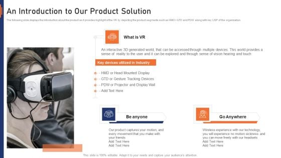 VR Market Capital Raising Elevator Pitch Deck An Introduction To Our Product Solution Slides PDF VR Market Capital Raising Elevator Pitch Deck An Introduction To Our Product Solution Slides PDF